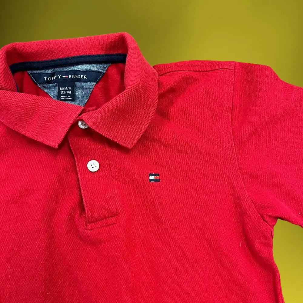Tommy Hilfiger Polo Boys Medium 12/14 Flag Logo Red Button Up Shirt Embroidered